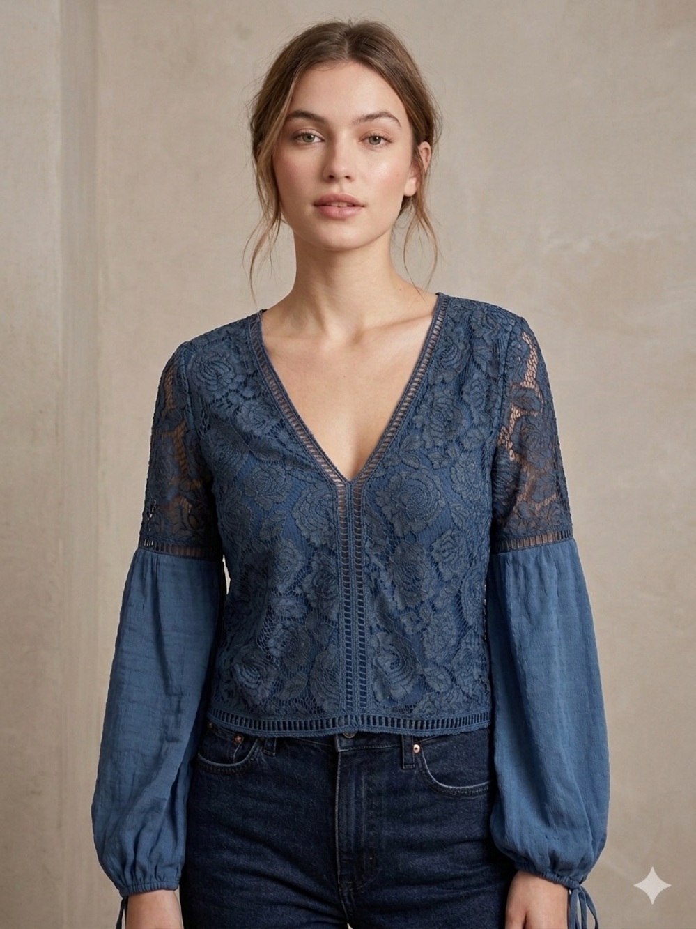 NSR Indigo Lace V-Neck Peasant Blouse